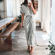 Damen Maxikleid mit kurzen Ärmeln und geknoteter Taille