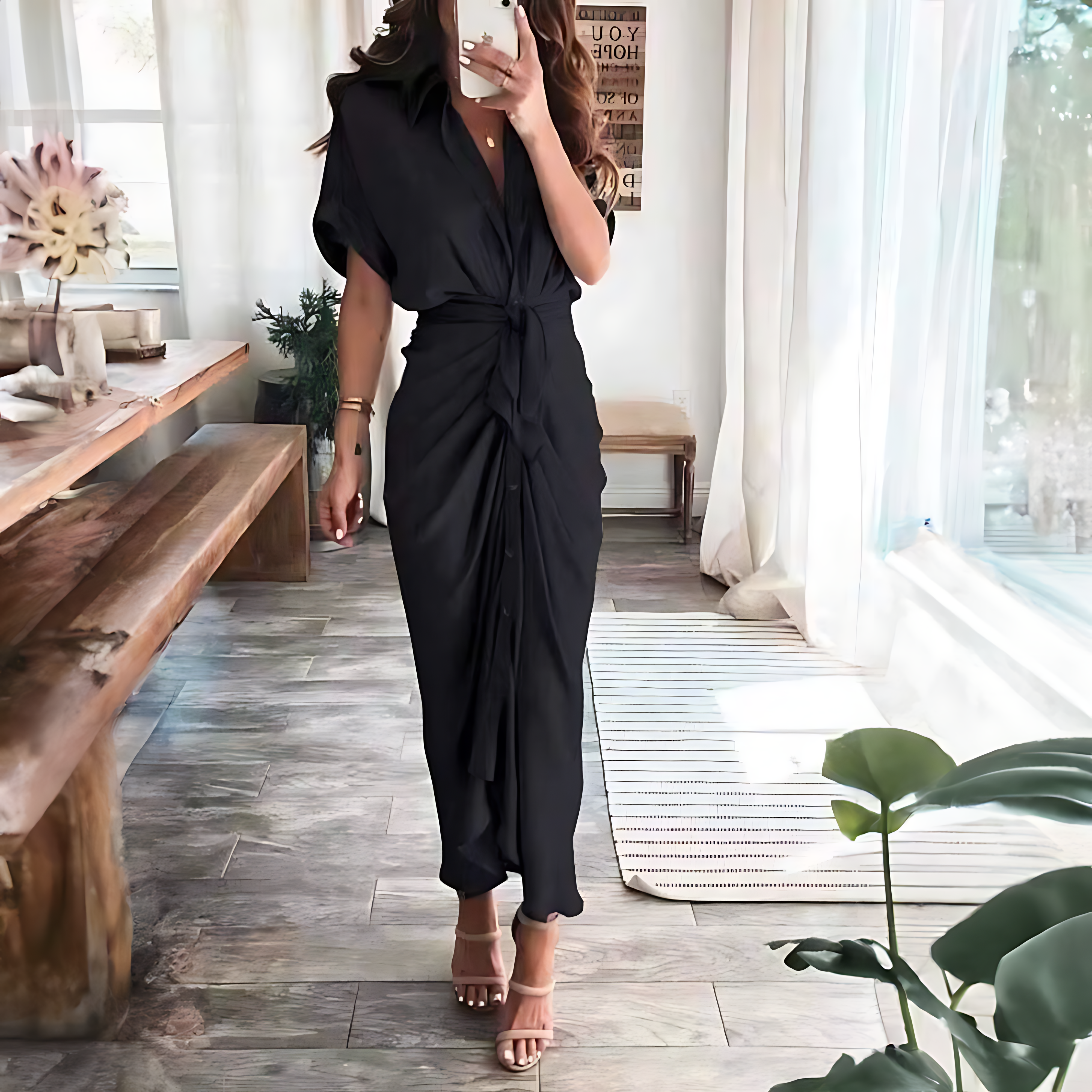 Damen Maxikleid mit kurzen Ärmeln und geknoteter Taille