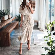 Damen Maxikleid mit kurzen Ärmeln und geknoteter Taille