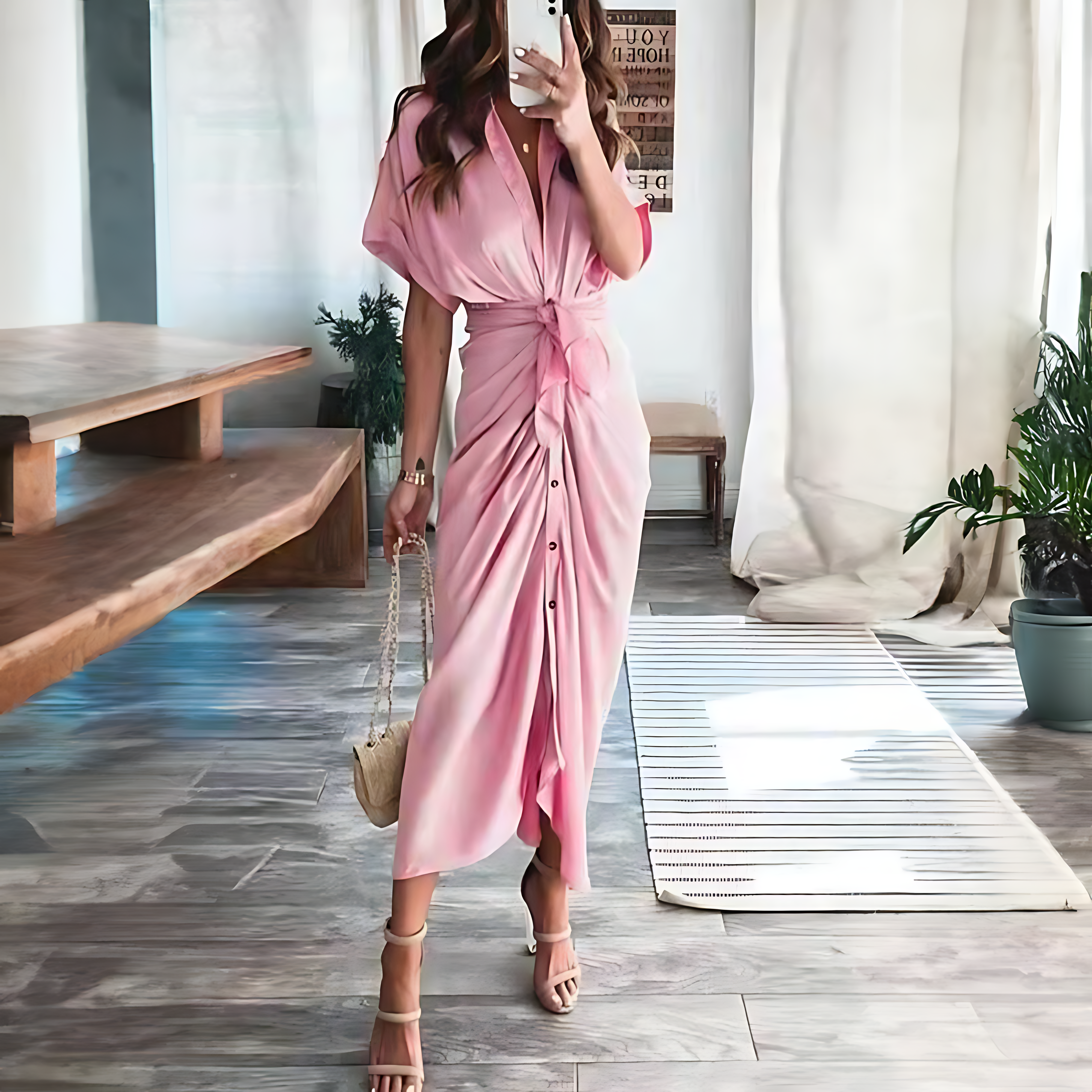 Damen Maxikleid mit kurzen Ärmeln und geknoteter Taille