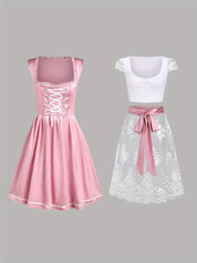 Damen Midi Dirndl Kleid mit Schnürmieder und bestickter Schürze