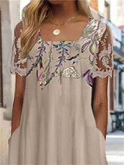 Damen Midi Kleid mit Quadrat Ausschnitt und Spitzen Details