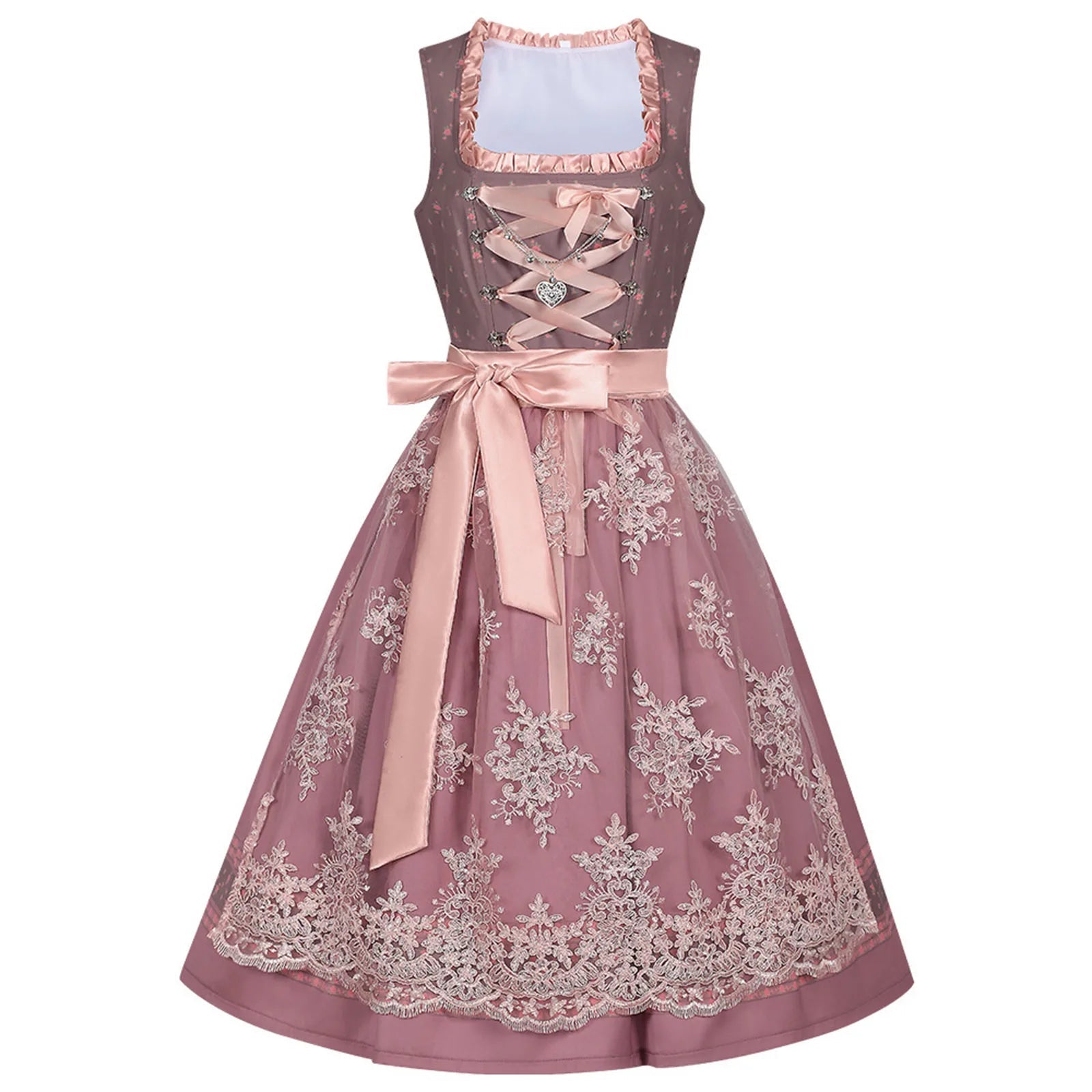 Damen Midi Dirndl Kleid mit Schnürmieder und bestickter Schürze