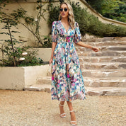 Damen Midikleid mit V-Ausschnitt und Puffärmeln für den Sommer