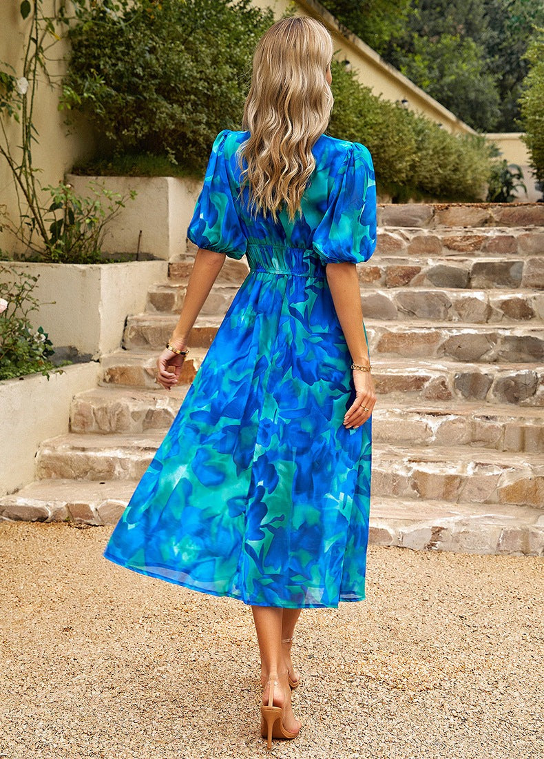 Damen Midikleid mit V-Ausschnitt und Puffärmeln für den Sommer