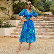 Damen Midikleid mit V-Ausschnitt und Puffärmeln für den Sommer