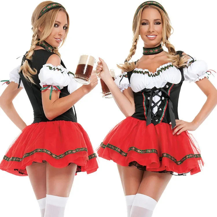 Damen Mini Dirndl Kleid mit Schnürmieder und dekorativem Rocksaum