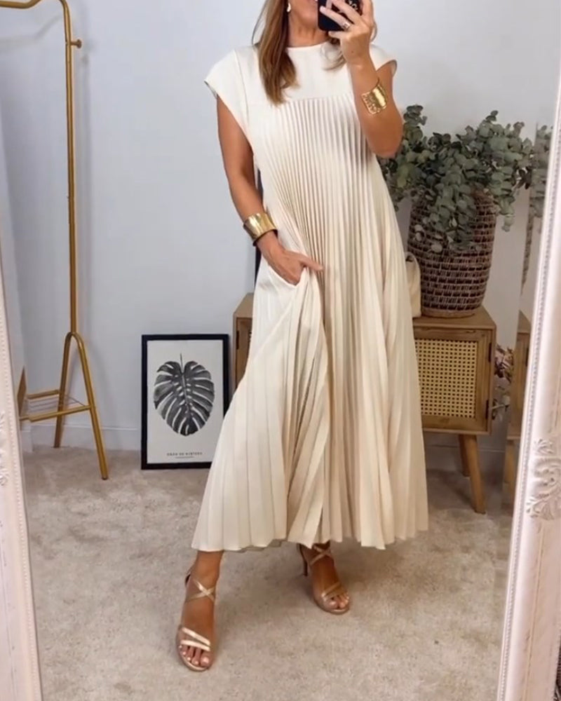 Damen Plissee Maxikleid mit Kappenärmeln und Rundhalsausschnitt