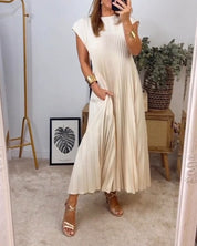 Damen Plissee Maxikleid mit Kappenärmeln und Rundhalsausschnitt