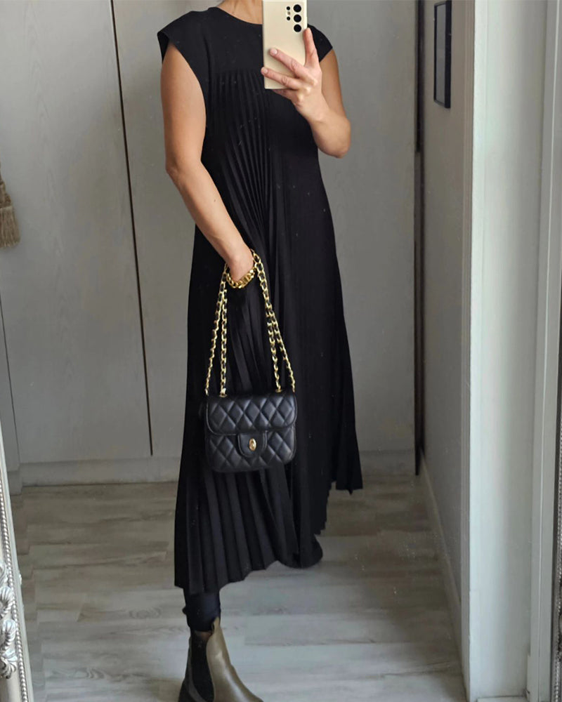 Damen Plissee Maxikleid mit Kappenärmeln und Rundhalsausschnitt