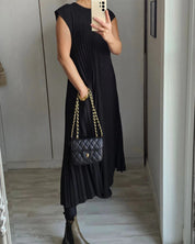 Damen Plissee Maxikleid mit Kappenärmeln und Rundhalsausschnitt