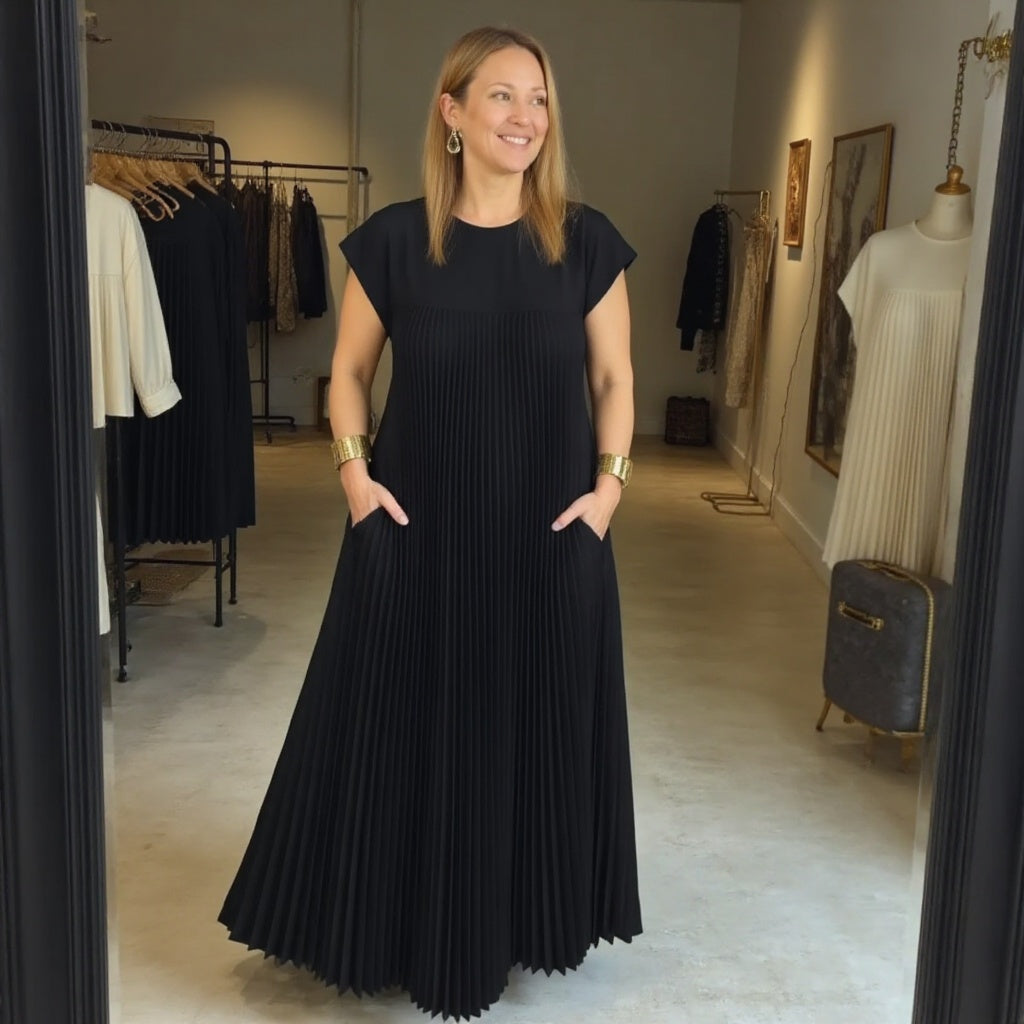 Damen Plissee Maxikleid mit Kappenärmeln und Rundhalsausschnitt
