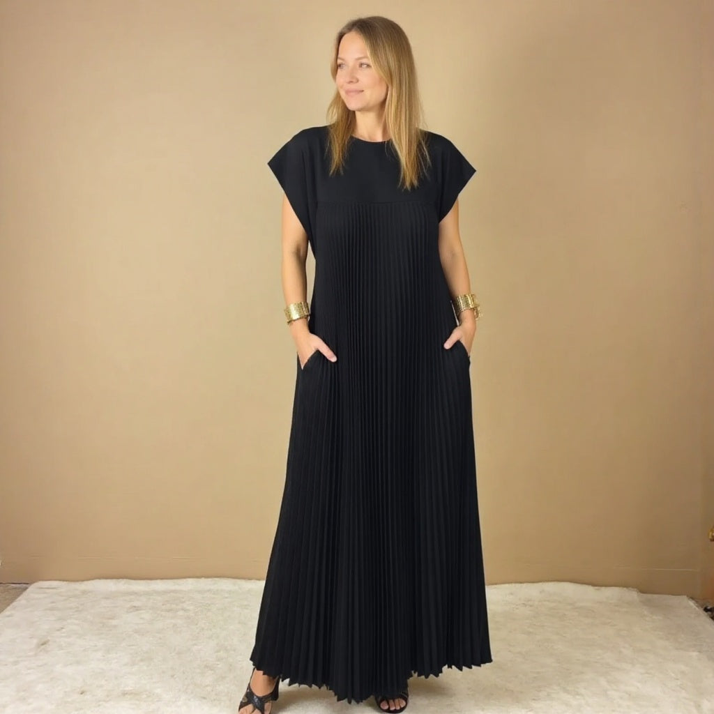 Damen Plissee Maxikleid mit Kappenärmeln und Rundhalsausschnitt