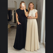 Damen Plissee Maxikleid mit Kappenärmeln und Rundhalsausschnitt