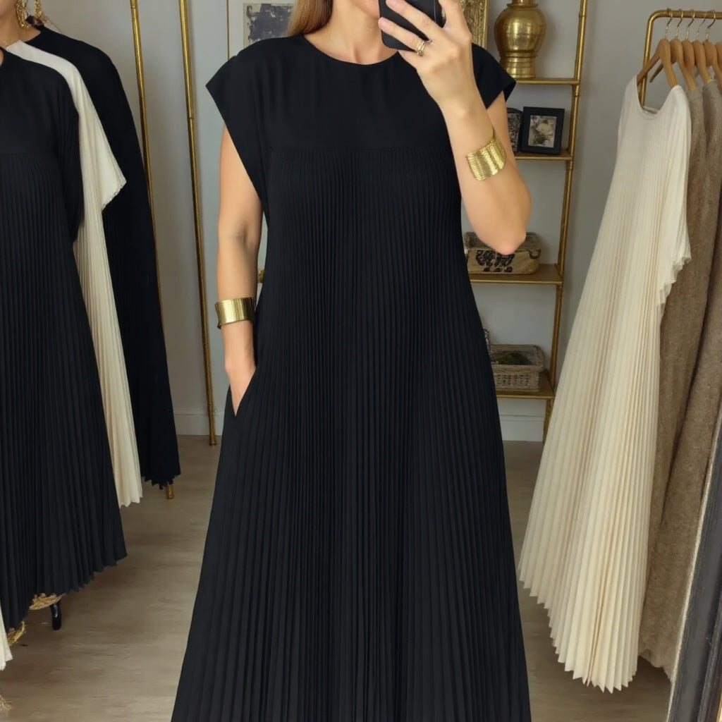 Damen Plissee Maxikleid mit Kappenärmeln und Rundhalsausschnitt