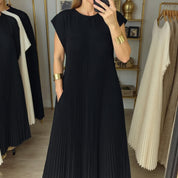 Damen Plissee Maxikleid mit Kappenärmeln und Rundhalsausschnitt