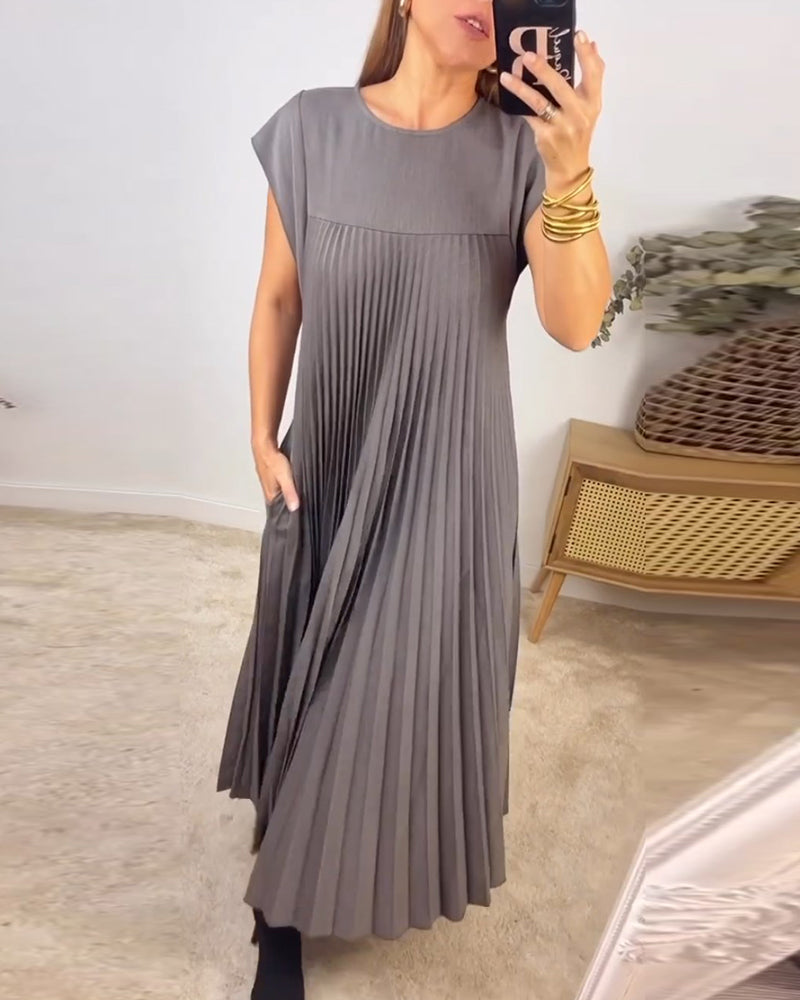 Damen Plissee Maxikleid mit Kappenärmeln und Rundhalsausschnitt