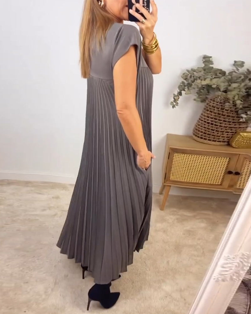 Damen Plissee Maxikleid mit Kappenärmeln und Rundhalsausschnitt