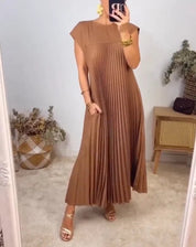 Damen Plissee Maxikleid mit Kappenärmeln und Rundhalsausschnitt
