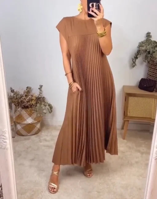 Damen Plissee Maxikleid mit Kappenärmeln und Rundhalsausschnitt