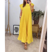 Damen Plissee Maxikleid mit Kappenärmeln und Rundhalsausschnitt