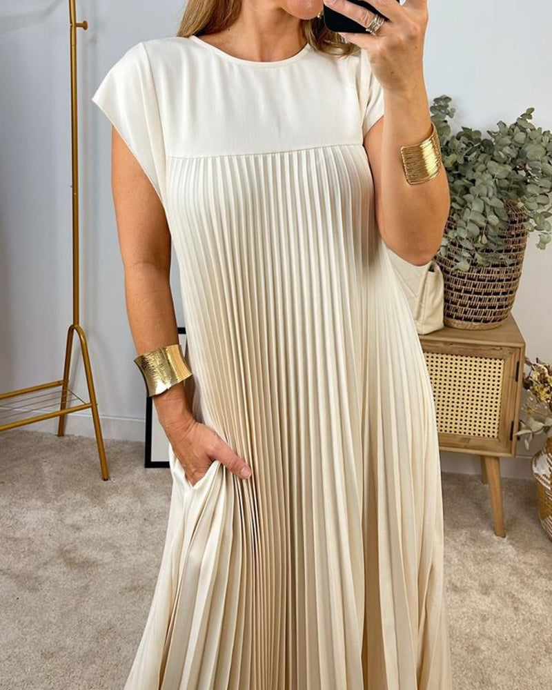 Damen Plissee Maxikleid mit Kappenärmeln und Rundhalsausschnitt