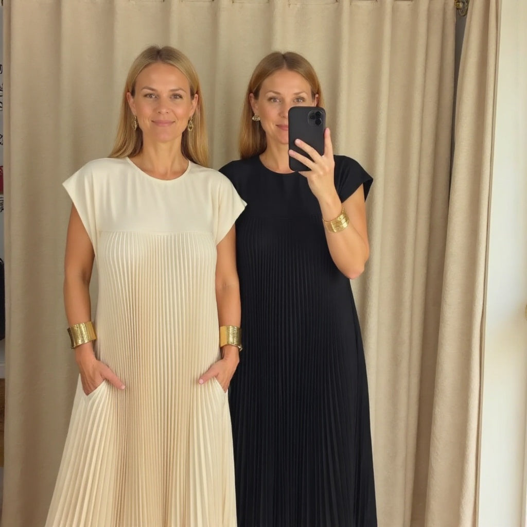 Damen Plissee Maxikleid mit Kappenärmeln und Rundhalsausschnitt