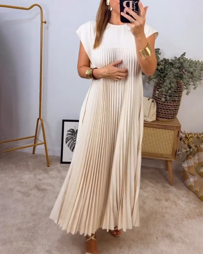 Damen Plissee Maxikleid mit Kappenärmeln und Rundhalsausschnitt