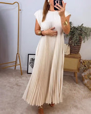 Damen Plissee Maxikleid mit Kappenärmeln und Rundhalsausschnitt