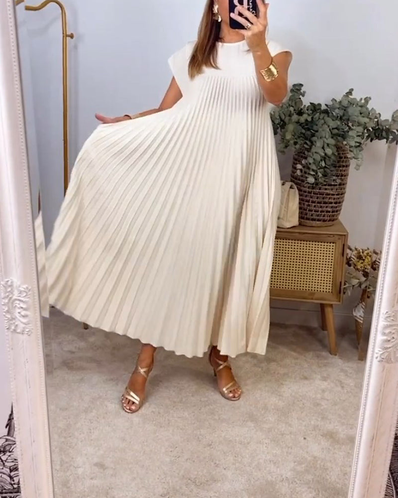 Damen Plissee Maxikleid mit Kappenärmeln und Rundhalsausschnitt