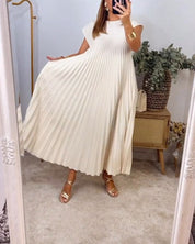 Damen Plissee Maxikleid mit Kappenärmeln und Rundhalsausschnitt