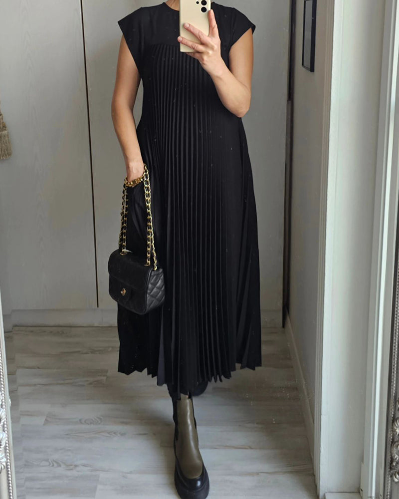 Damen Plissee Maxikleid mit Kappenärmeln und Rundhalsausschnitt