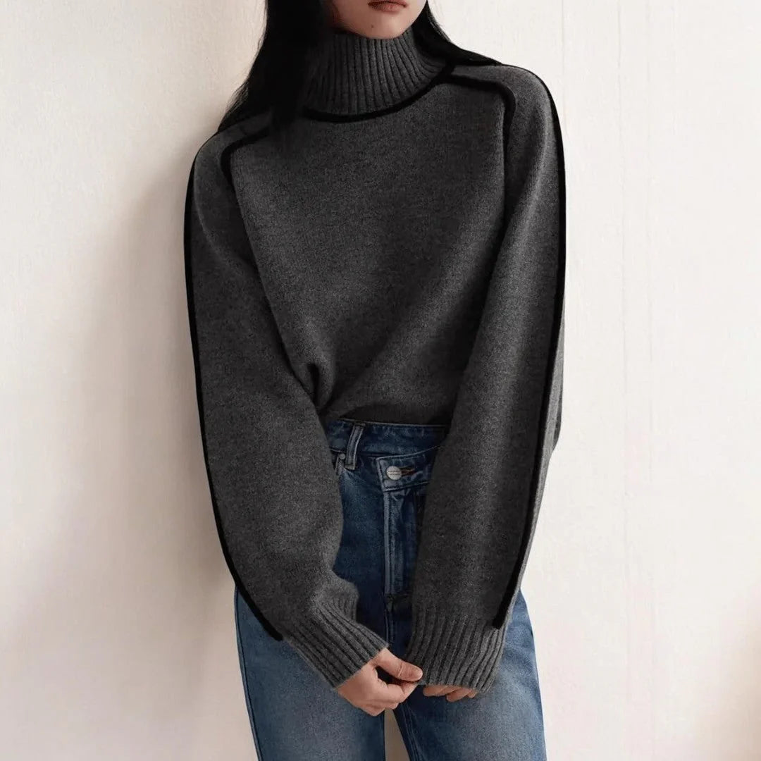 Damen Rollkragenpullover mit Rippbündchen und Kontrastpaspel