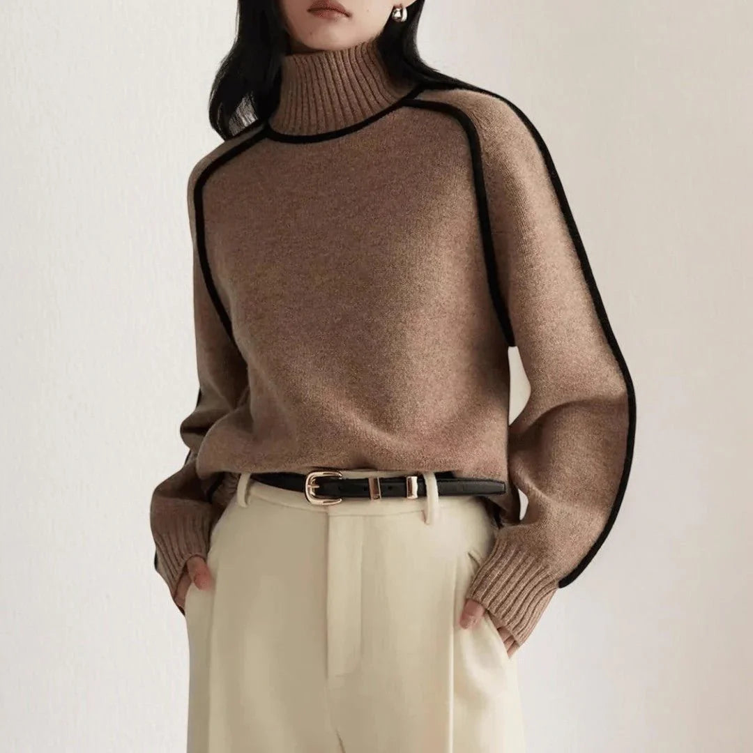 Damen Rollkragenpullover mit Rippbündchen und Kontrastpaspel