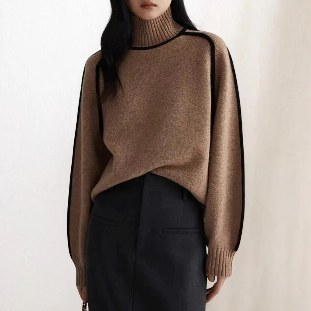Damen Rollkragenpullover mit Rippbündchen und Kontrastpaspel