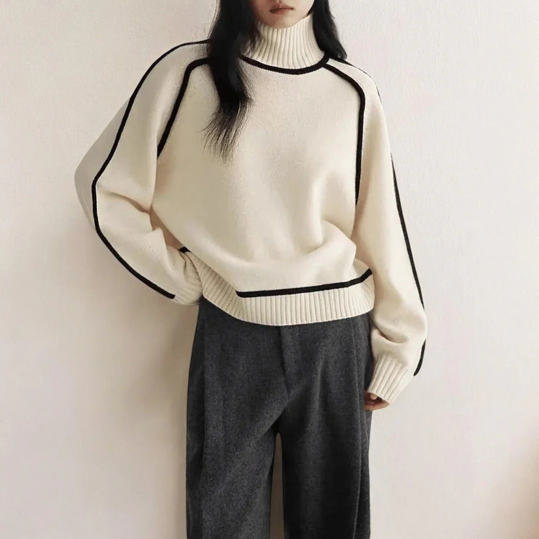 Damen Rollkragenpullover mit Rippbündchen und Kontrastpaspel