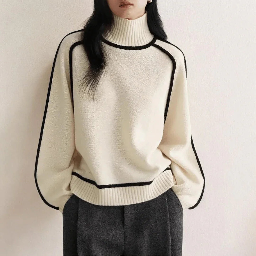 Damen Rollkragenpullover mit Rippbündchen und Kontrastpaspel