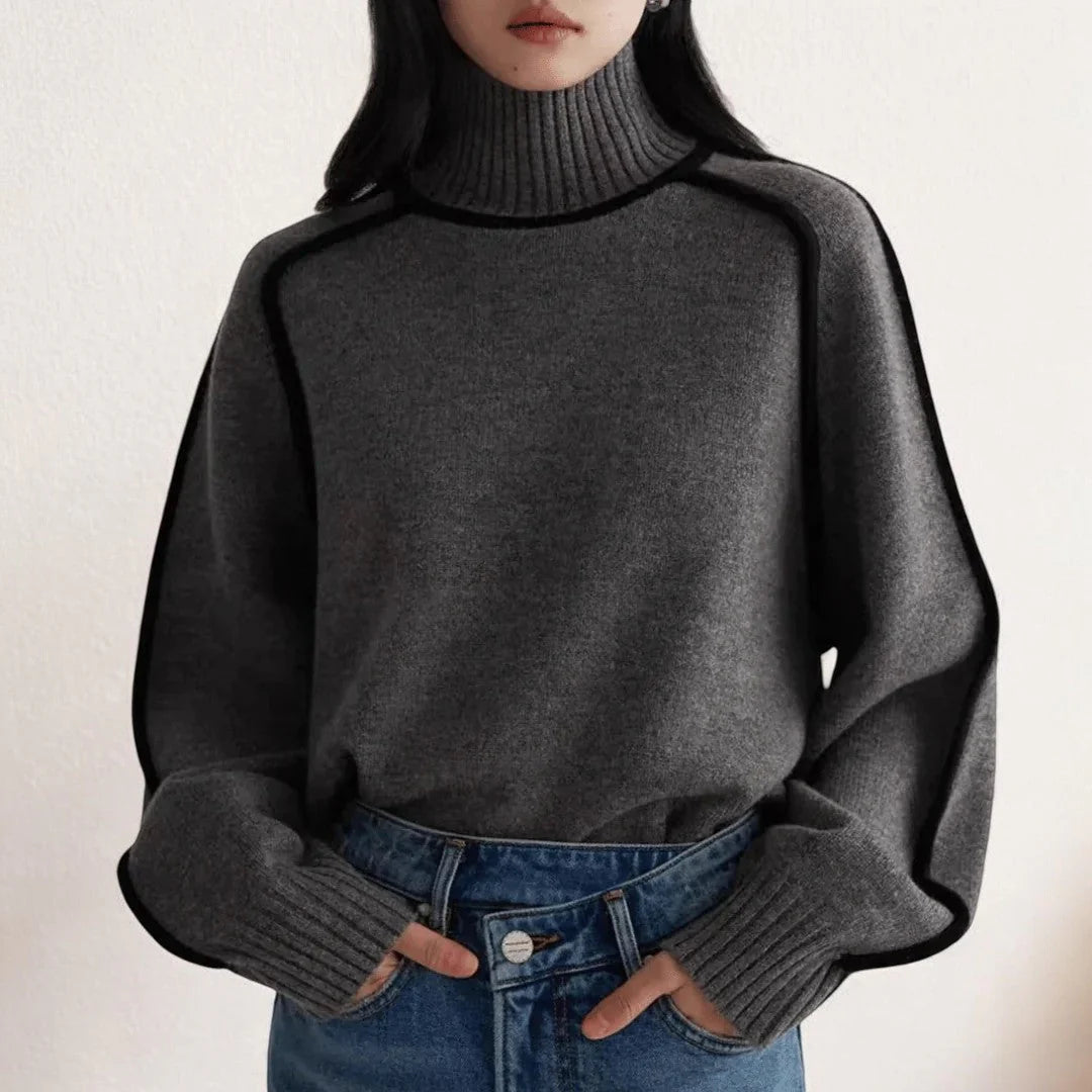 Damen Rollkragenpullover mit Rippbündchen und Kontrastpaspel
