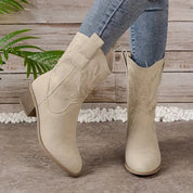 Damen Stiefeletten in mittlerer Schafthöhe mit Zuglaschen und Blockabsatz