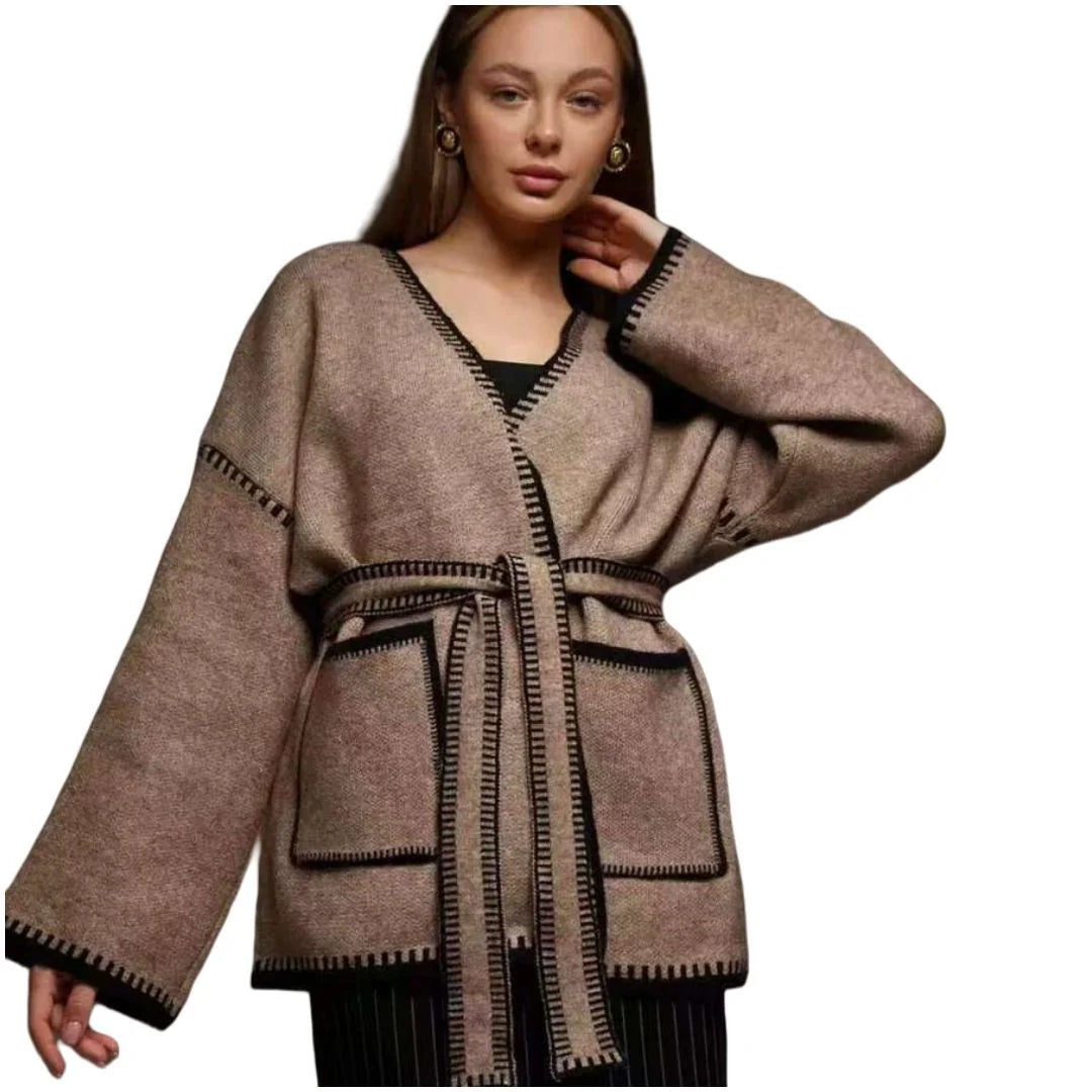 Damen Strick-Wickelcardigan mit dekorativem Besatz und Gürtel