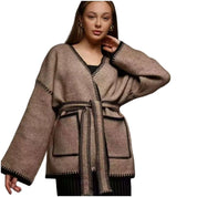 Damen Strick-Wickelcardigan mit dekorativem Besatz und Gürtel