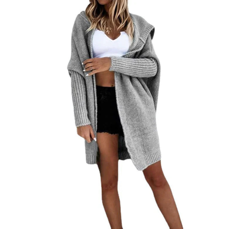 Damen Strick Strickjacke mit Kapuze langen Ärmeln und offenem Vorderteil