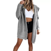 Damen Strick Strickjacke mit Kapuze langen Ärmeln und offenem Vorderteil