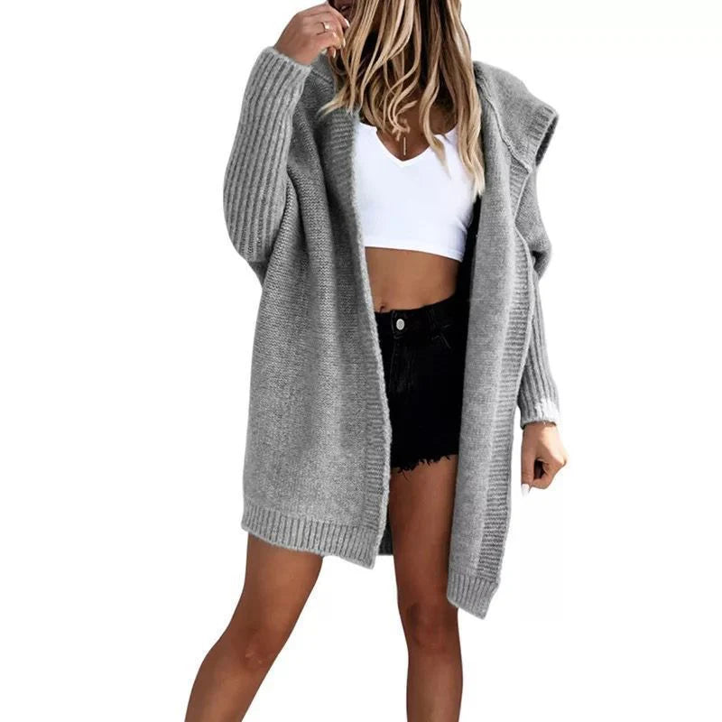 Damen Strick Strickjacke mit Kapuze langen Ärmeln und offenem Vorderteil