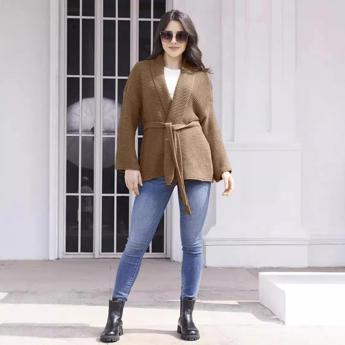 Damen Strickjacke mit Gürtel und offenem Frontdesign