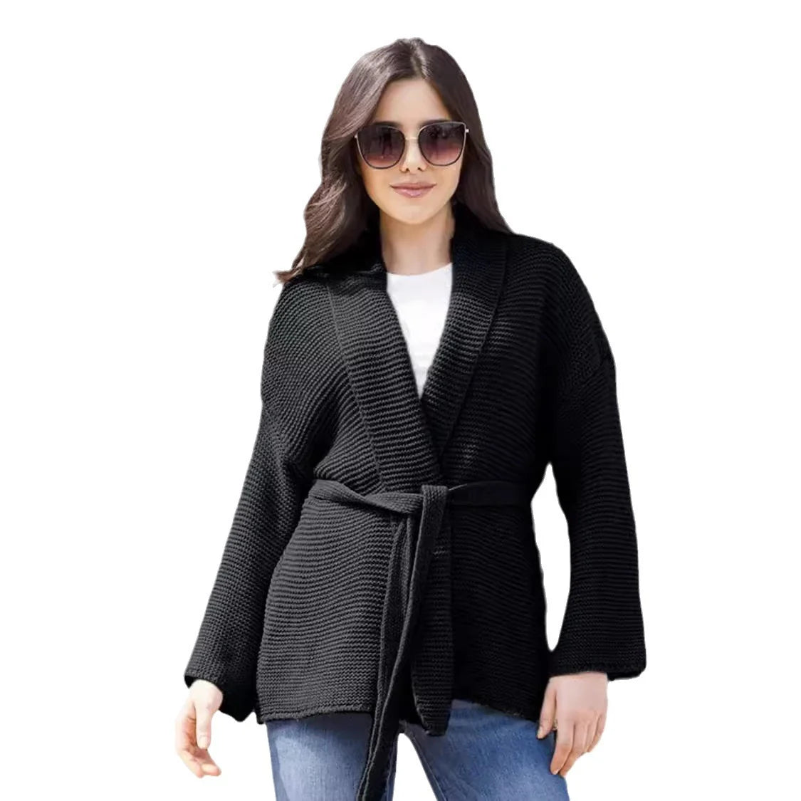 Damen Strickjacke mit Gürtel und offenem Frontdesign