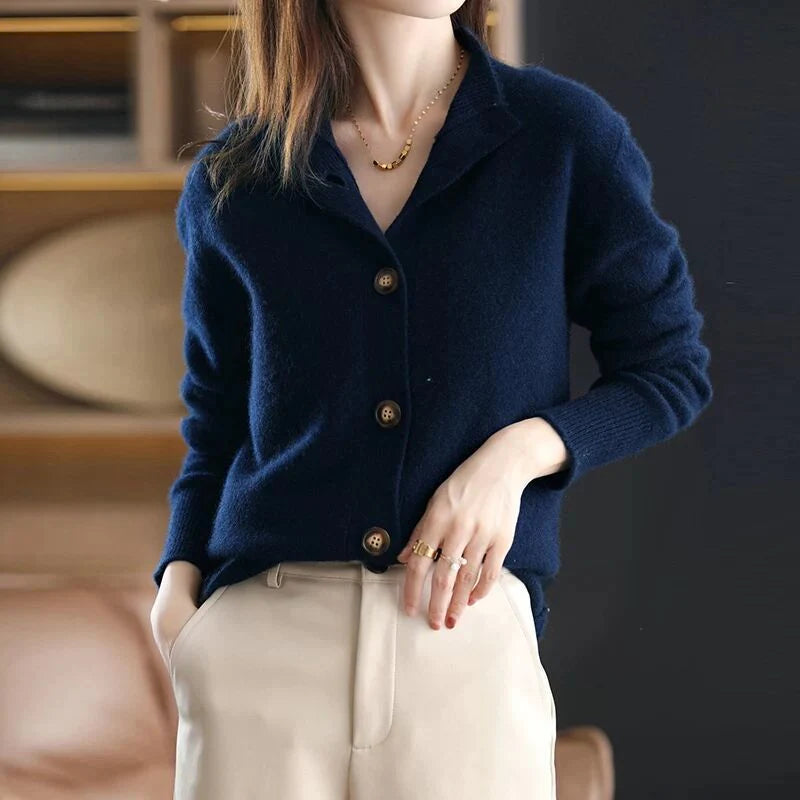 Damen Strickjacke mit Knopfleiste Rippbündchen und geripptem Saum