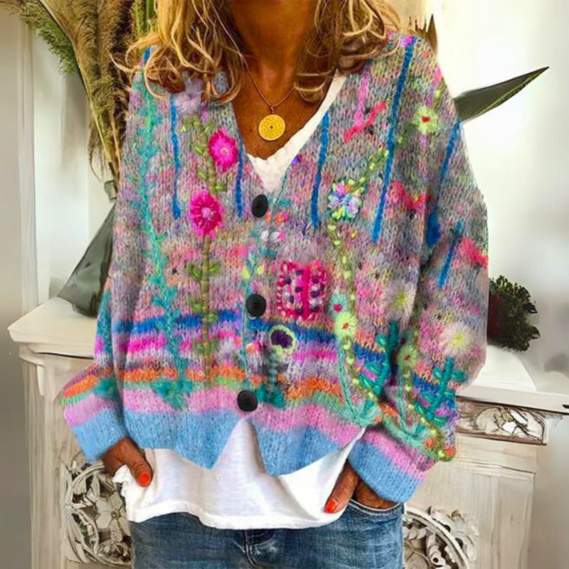 Damenpullover mit V-Ausschnitt, Blumenstickerei und langen Ärmeln