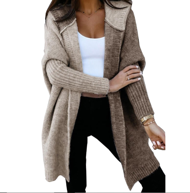 Damen Strickjacke mit langen Ärmeln Kapuze und Rippbündchen am Saum
