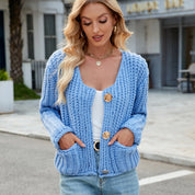 Damen Strickjacke mit langen Ärmeln V-Ausschnitt und aufgesetzten Taschen